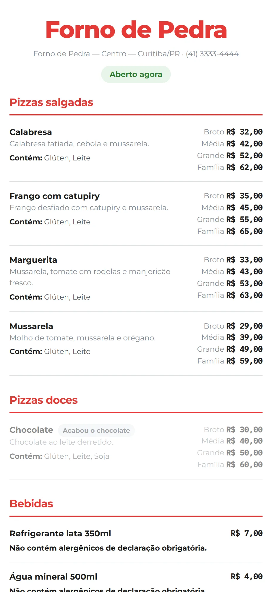Cardápio digital com a marca da pizzaria e os alergênicos ao lado de cada item