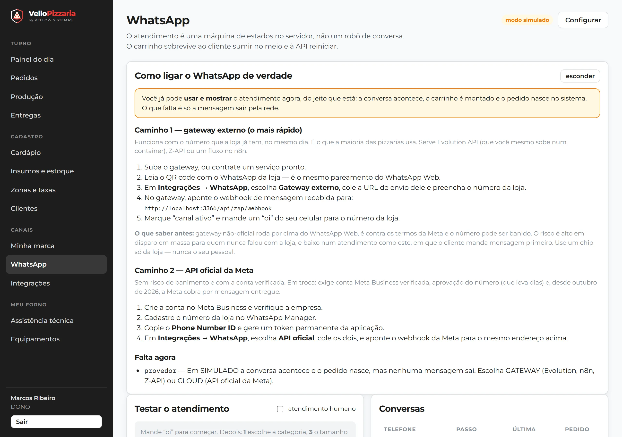 Tela de atendimento por WhatsApp com o simulador de conversa