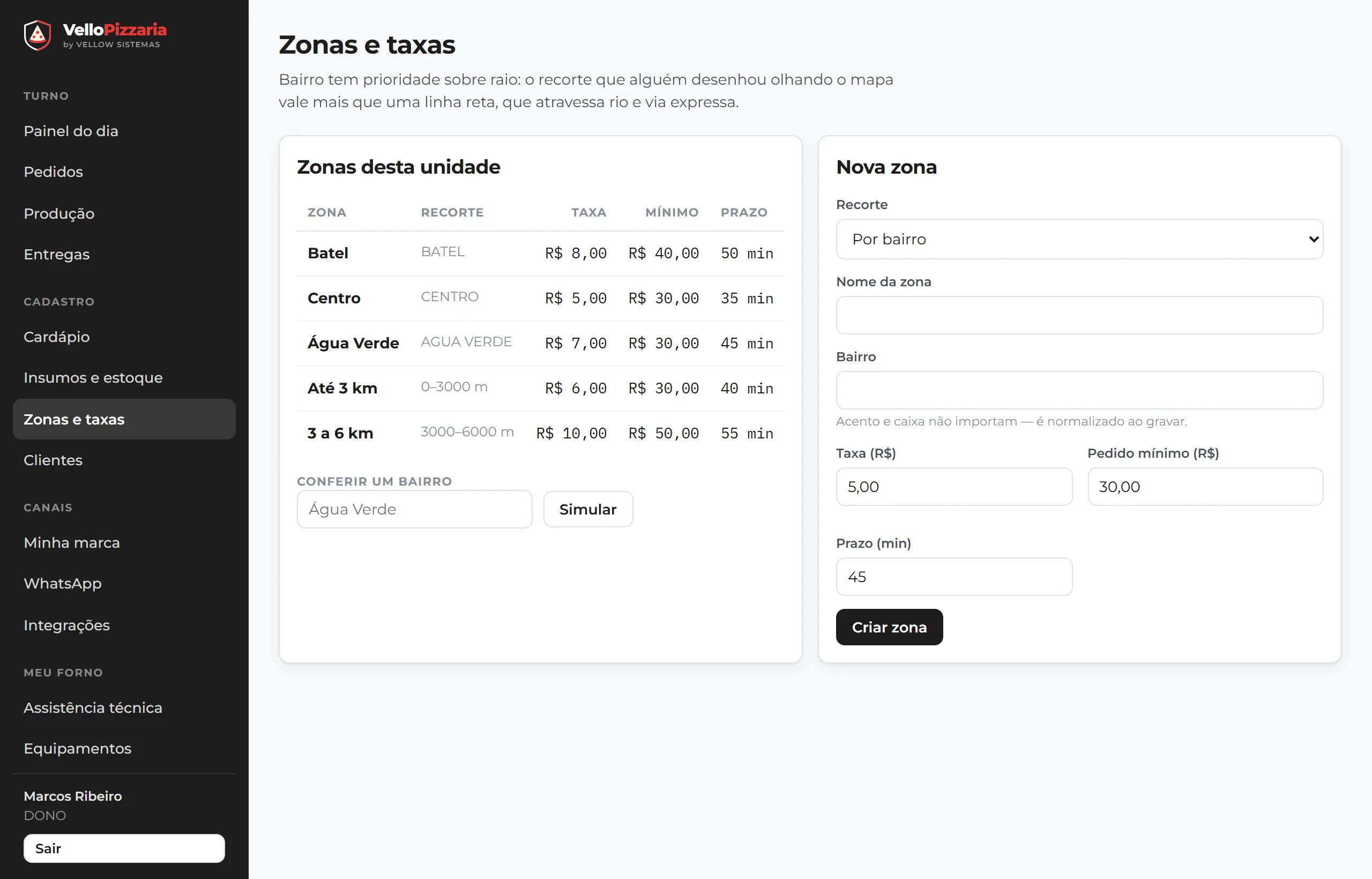 Zonas de entrega por bairro e por faixa de distância, com simulador